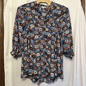 Umgee Size Medium VNeck Blue Orange Floral Boho Mini Dress Tunic Top Long Sleeve